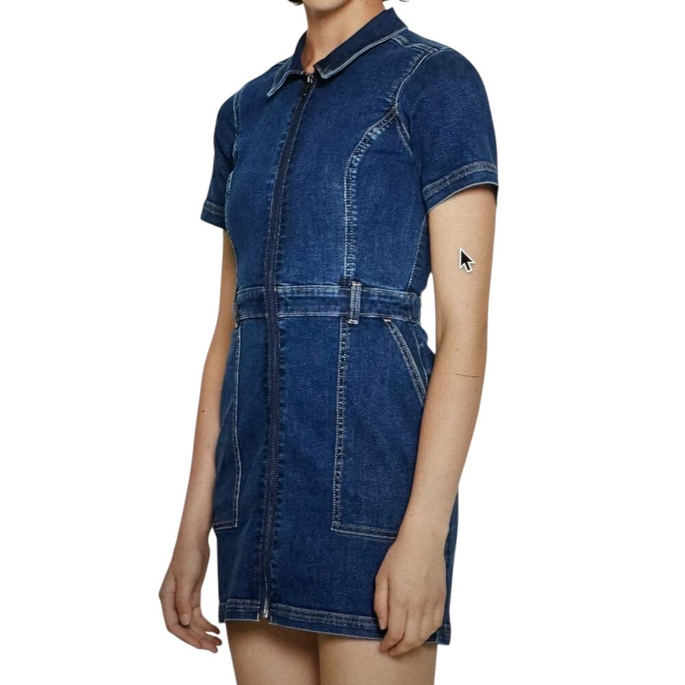 Hollister Stretch Denim Utility Full Zip Front Mini Dress Short sleeve 70's M